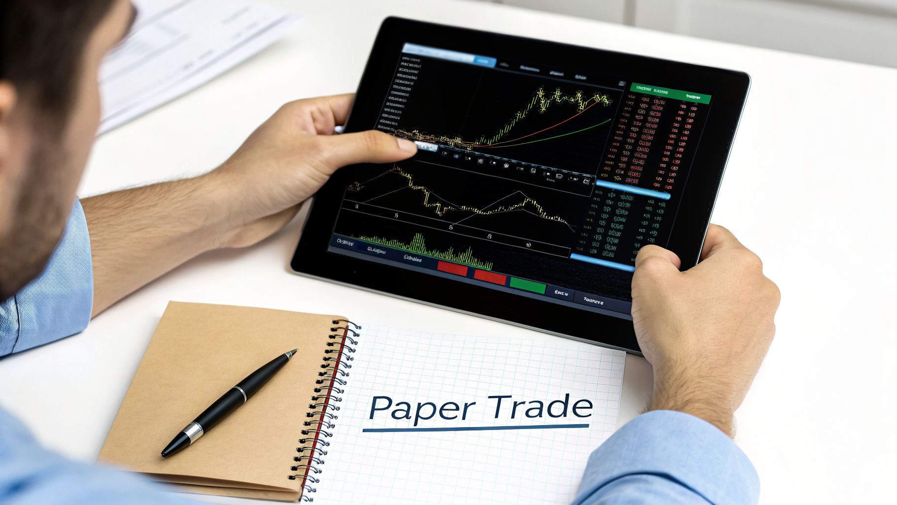 A person holds a tablet showing stock charts, next to a notebook with 'Paper Trade' written on it.