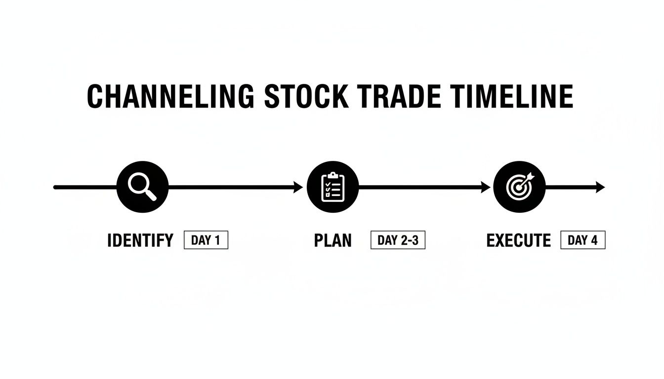 Timeline outlining the channeling stock trade process, including identify, plan, and execute stages.