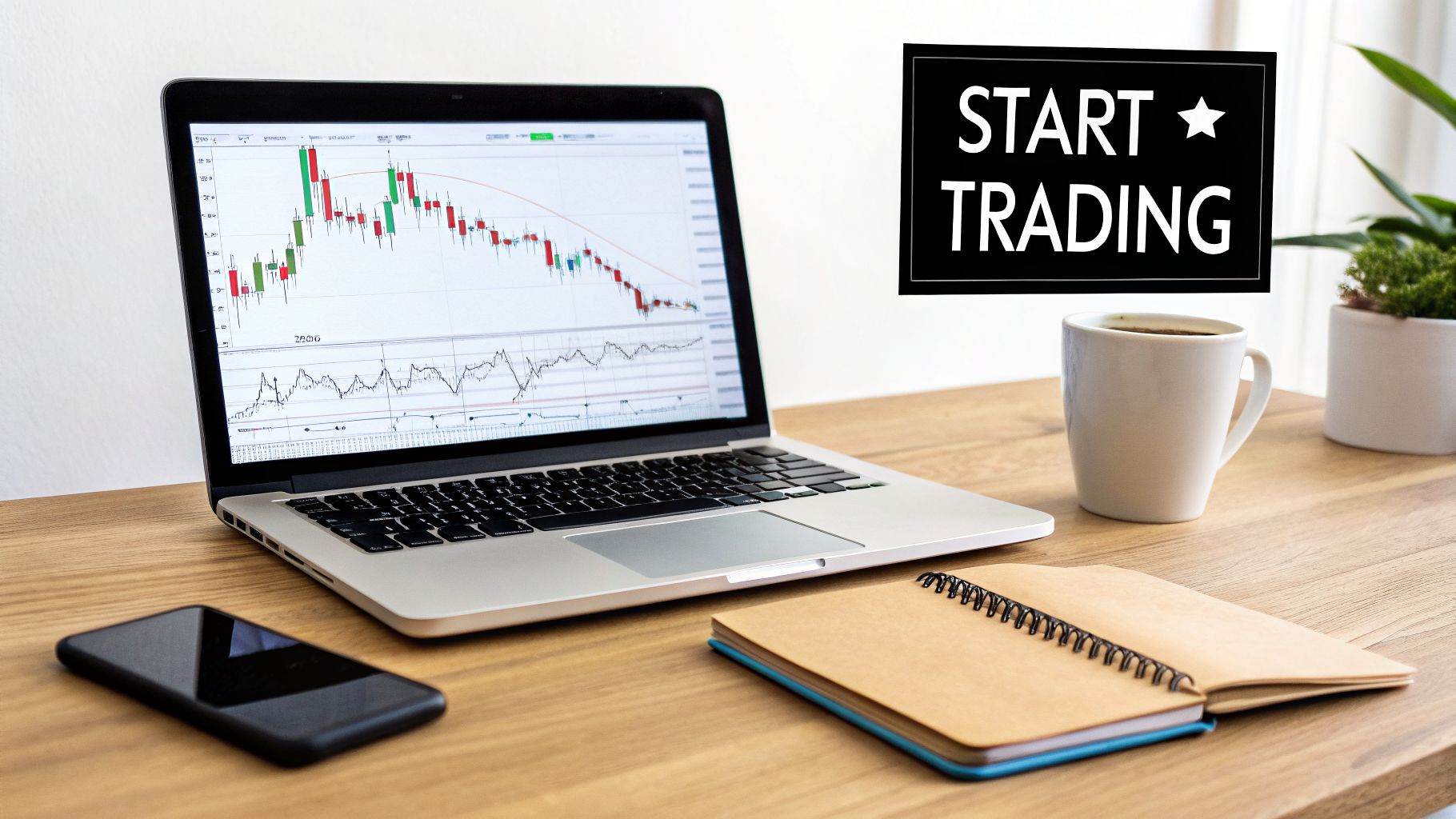 A desk setup with a laptop showing stock charts, a phone, notebook, coffee, and 'START TRADING' sign.