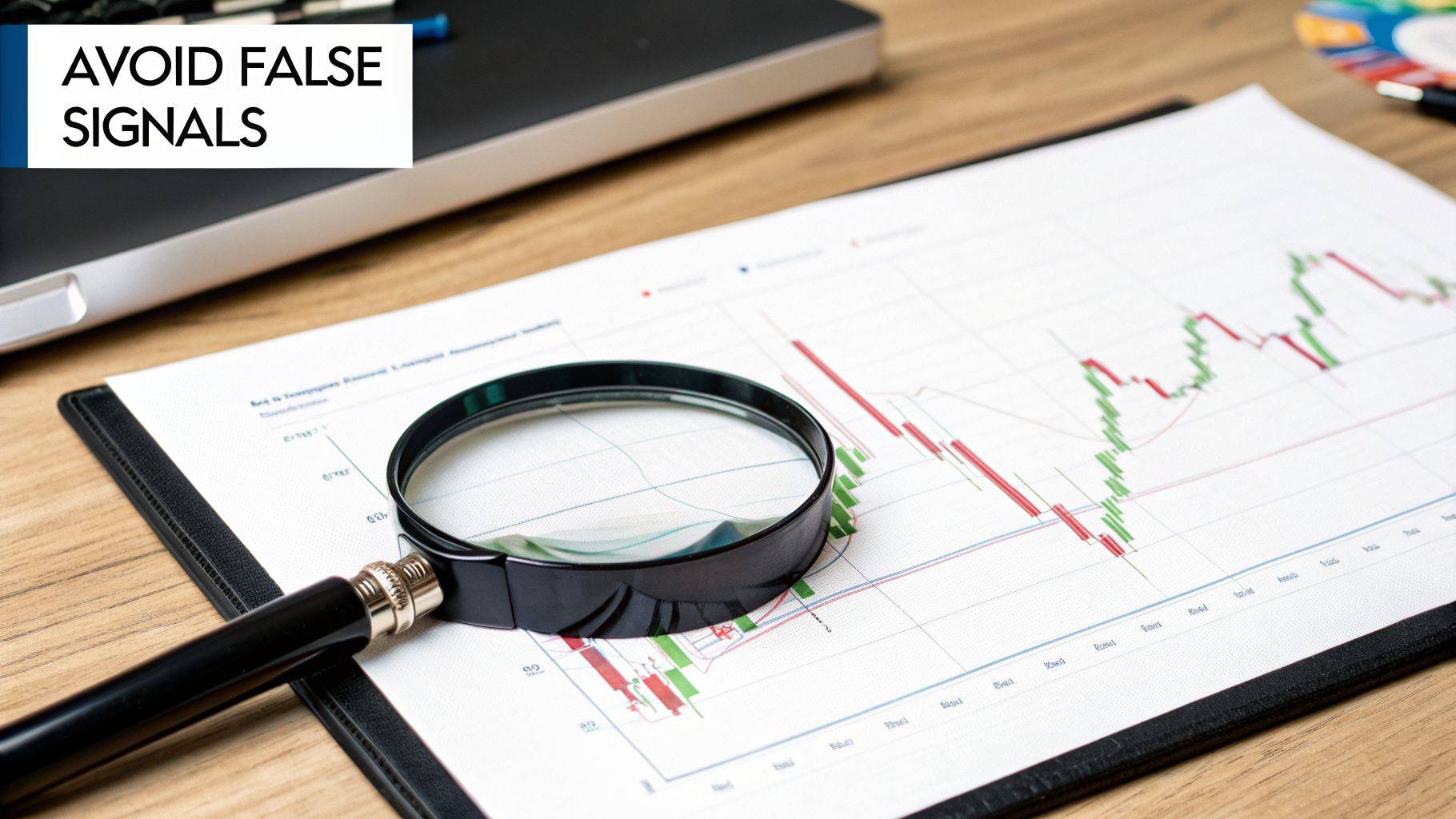 A magnifying glass rests on a financial chart displaying candlestick patterns and data, next to a laptop.