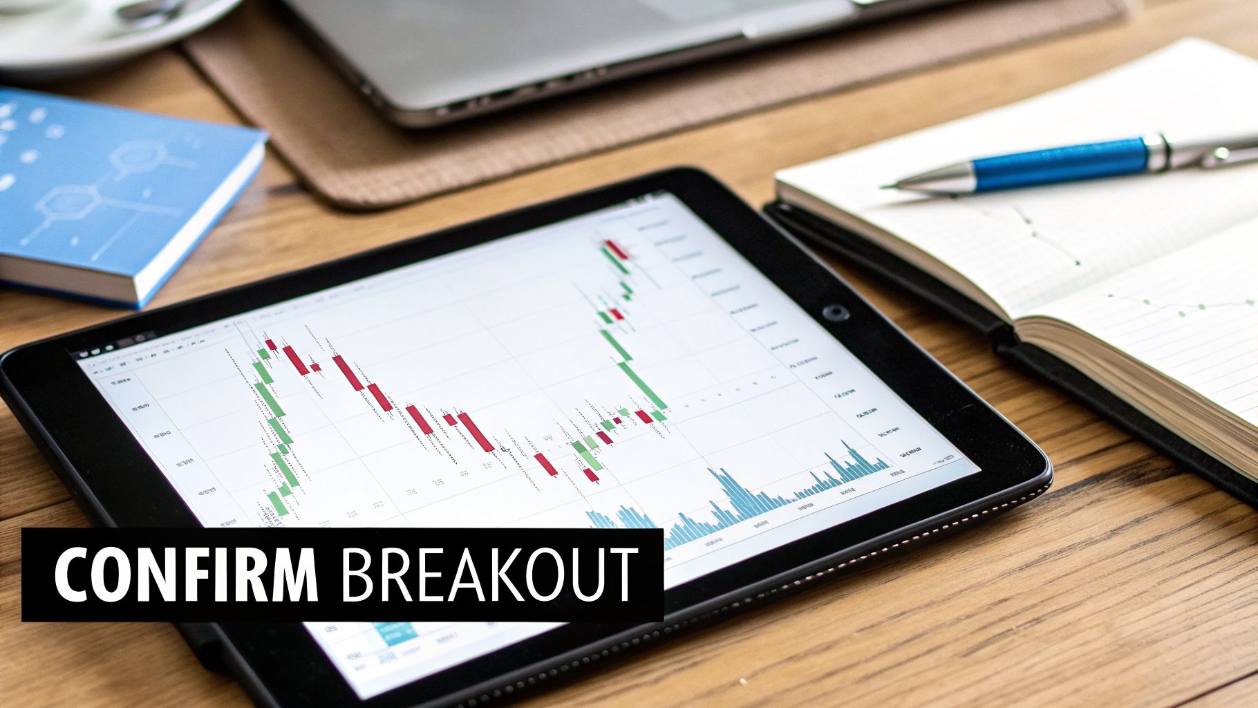 A tablet displaying a stock market chart with candlesticks and volume, beside a laptop and notebook.
