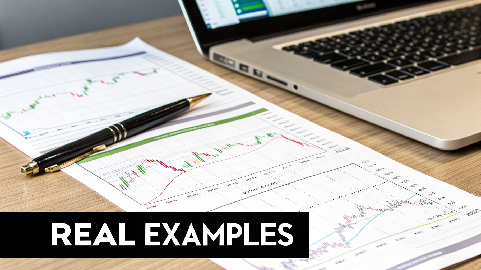 A desk with financial charts on paper, a black pen, and a silver laptop, showing market analysis.