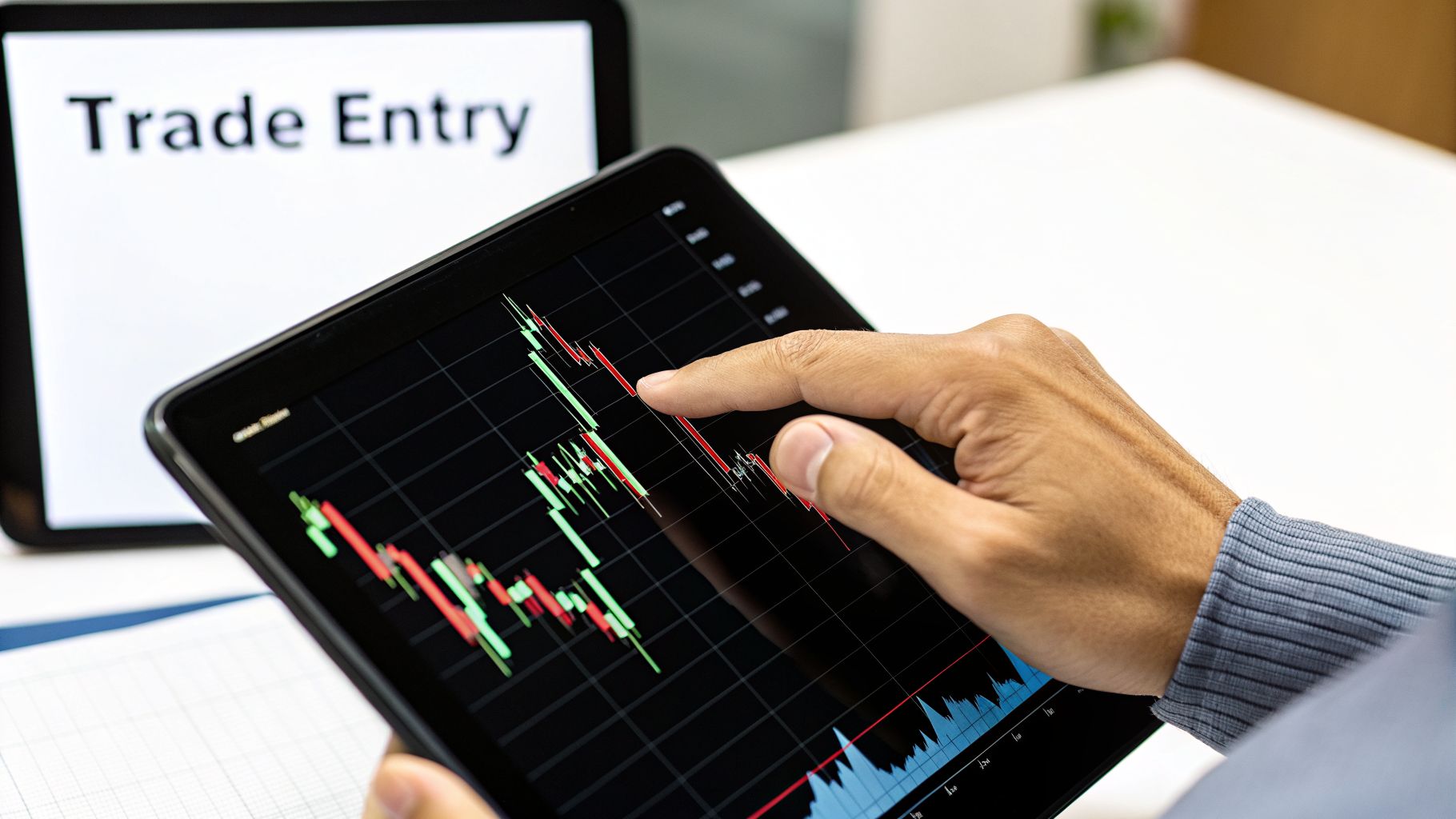 A person's hand points at a digital tablet displaying a candlestick chart, with 'Trade Entry' on a screen.
