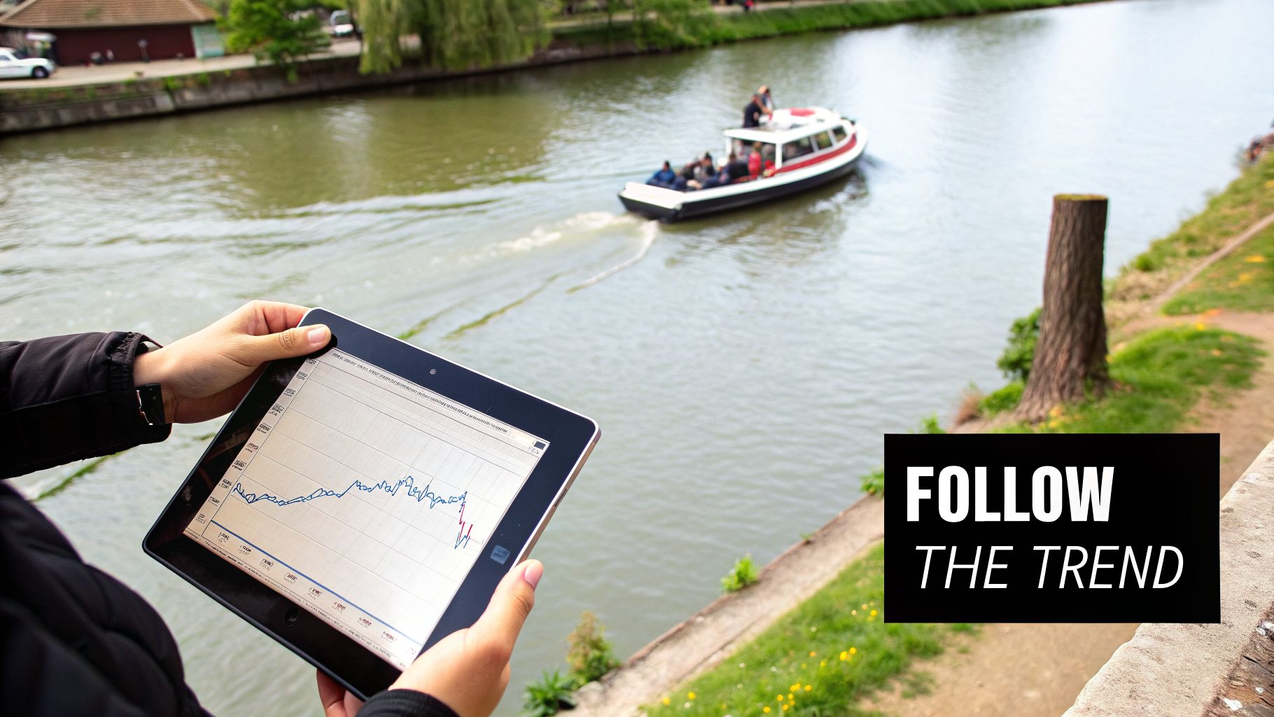A person holds a tablet displaying a financial trend graph by a river with a boat.
