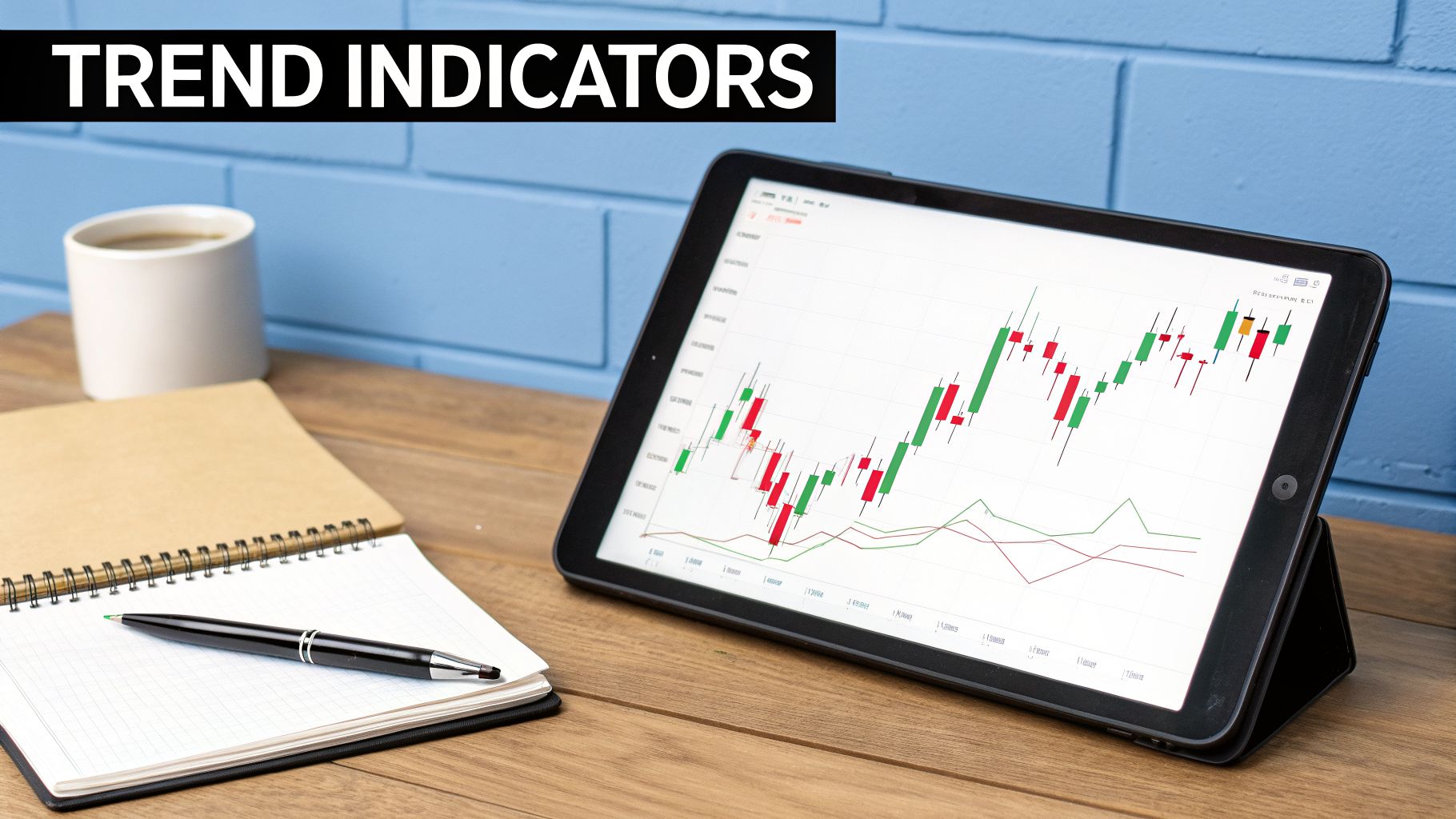 A tablet displays financial trend indicators with a candlestick chart on a wooden desk, next to a notebook and coffee.