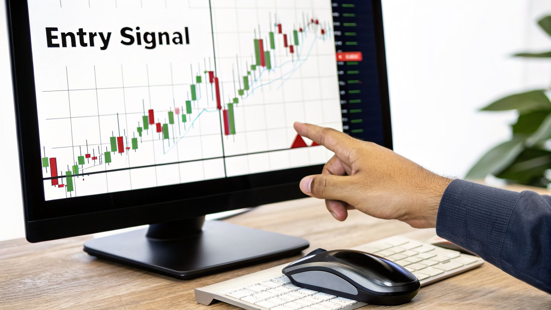 Person analyzing stock market chart with an 'Entry Signal' displayed on a computer screen.