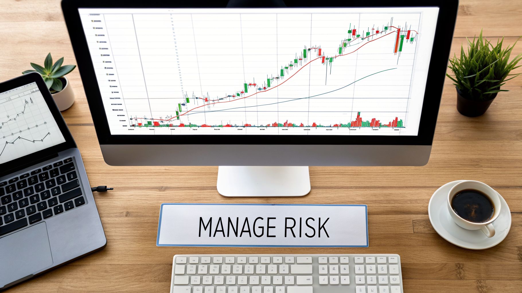Overhead view of a trading desk with monitor showing stock charts, laptop, and 'MANAGE RISK' sign.