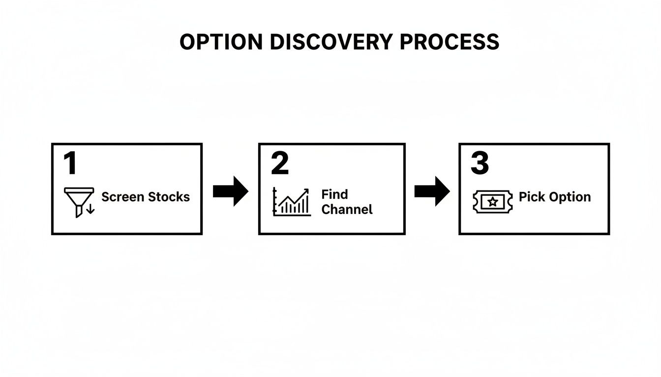 A flowchart illustrating a three-step option discovery process: screen stocks, find channel, and pick option.
