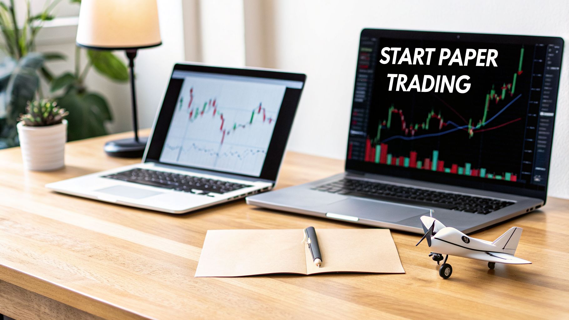 Two laptops on a wooden desk display stock charts, with one screen showing 'START PAPER TRADING'.