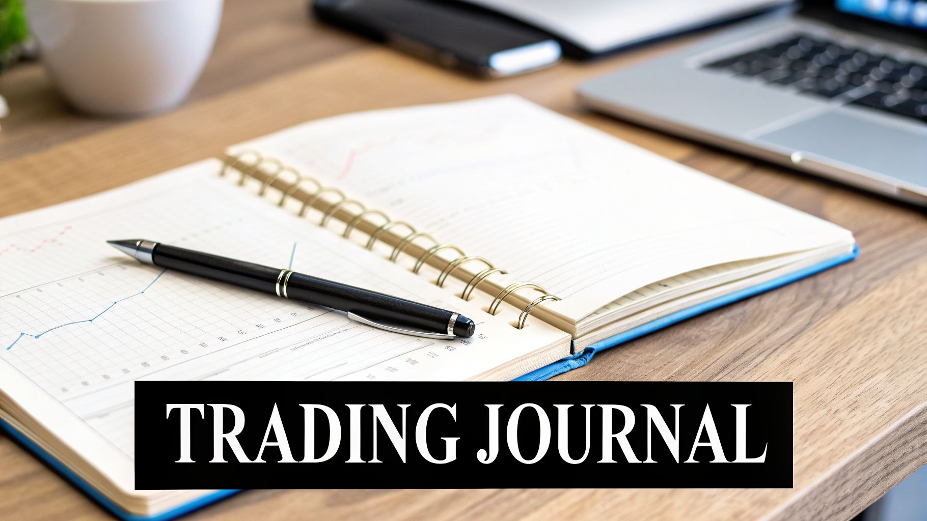 An open trading journal with a pen on a desk, next to a laptop and coffee cup.