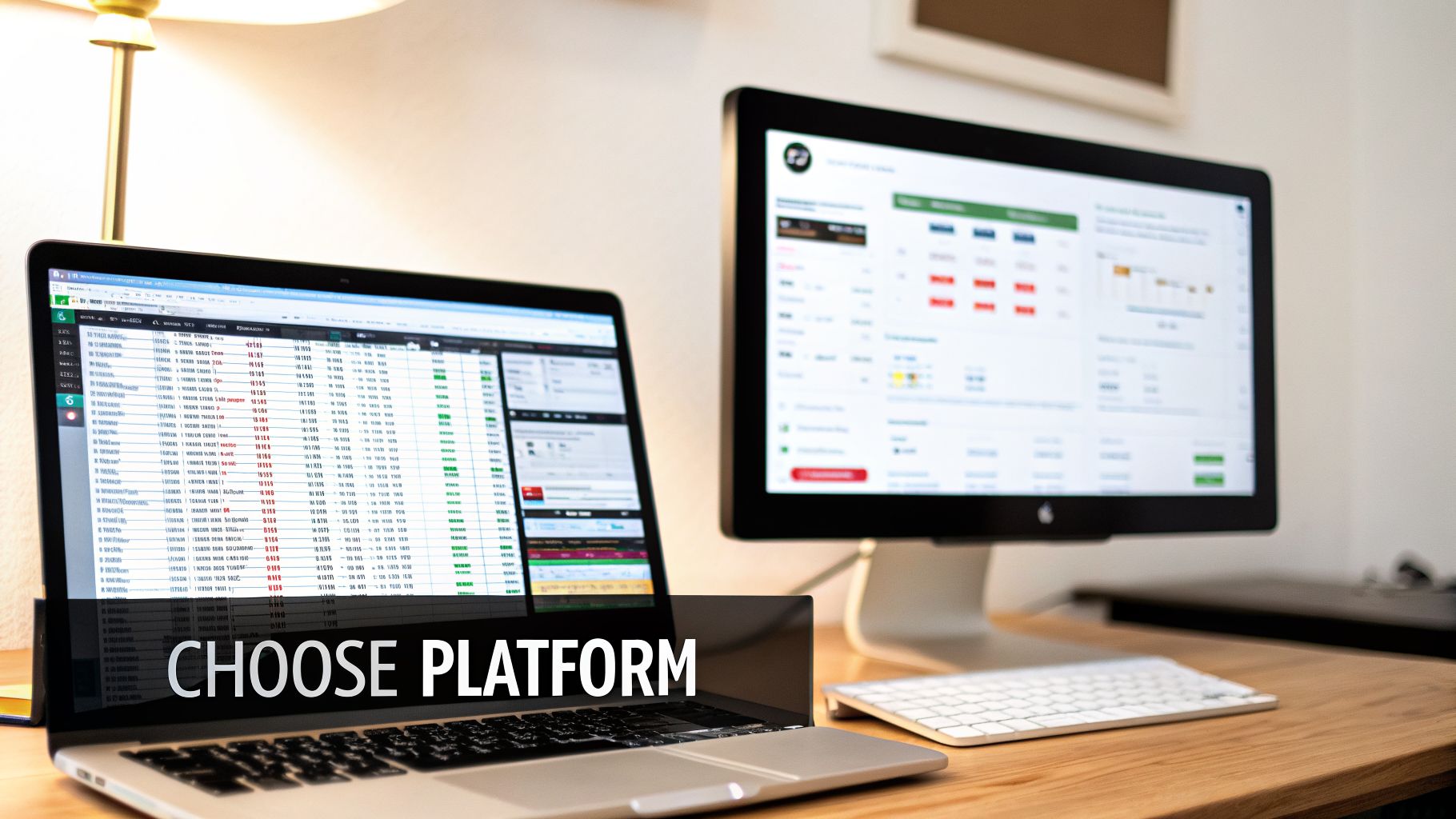 A laptop and external monitor on a wooden desk displaying financial trading platforms with data.