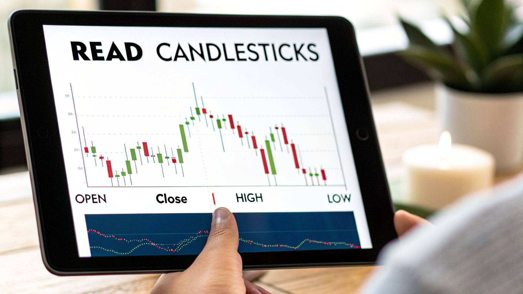 A person holds a tablet displaying a stock market candlestick chart with 'READ CANDLESTICKS' text.