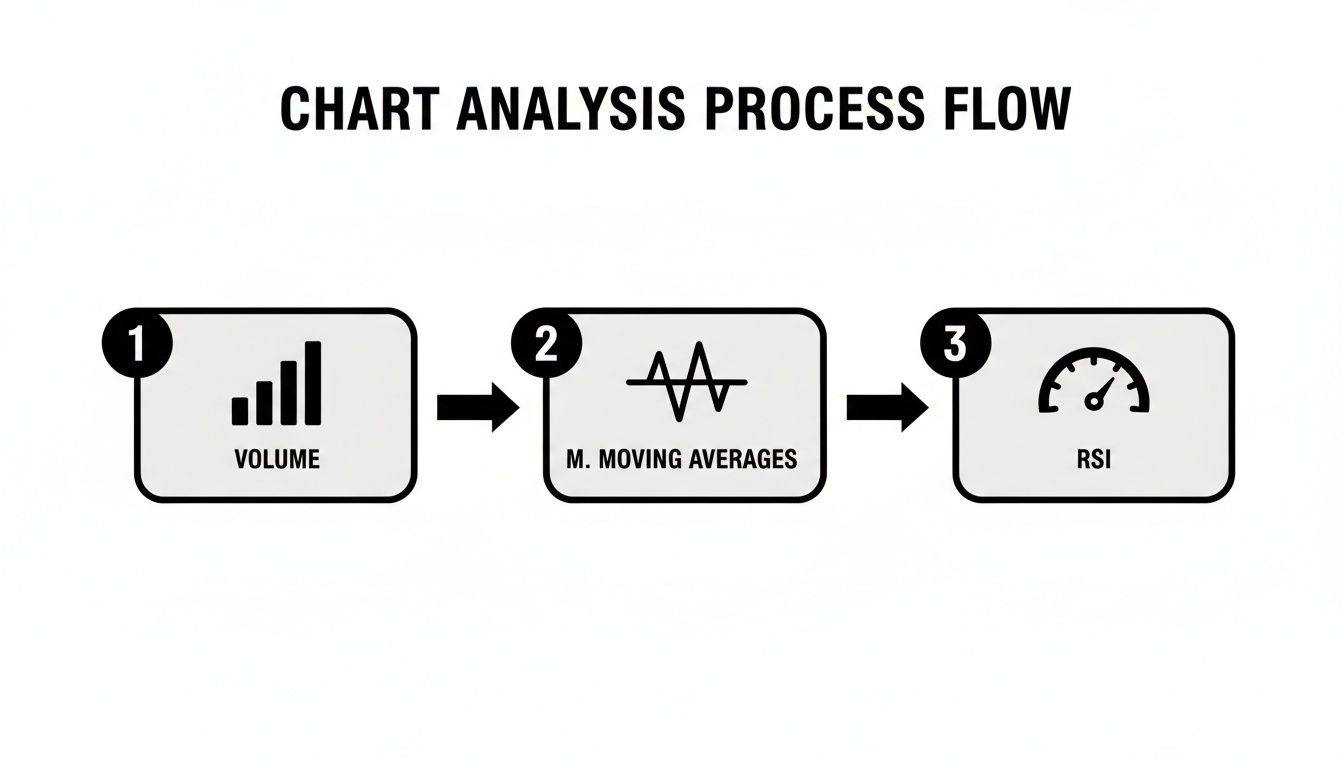 Flowchart illustrating the chart analysis process, including Volume, Moving Averages, and RSI indicators.