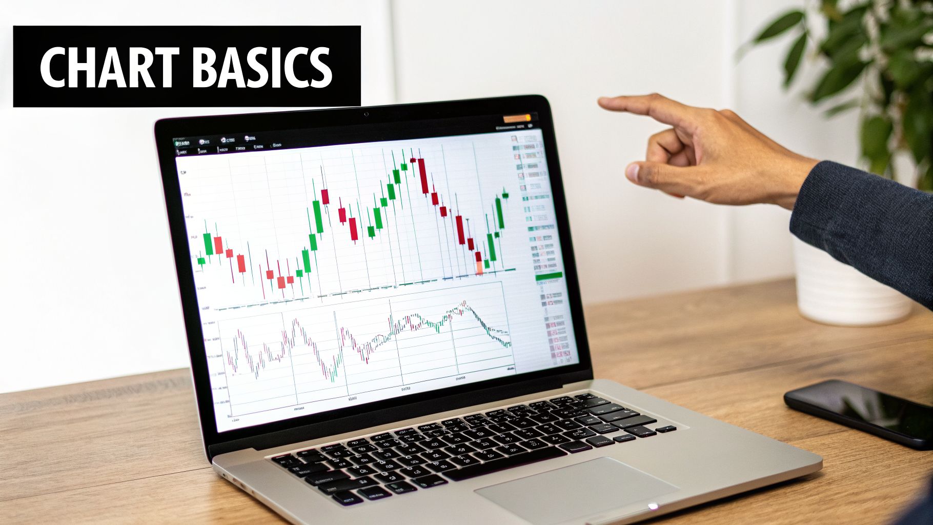 A person's hand points at a laptop screen displaying red and green stock market candlestick charts, with 'CHART BASICS' in the corner.