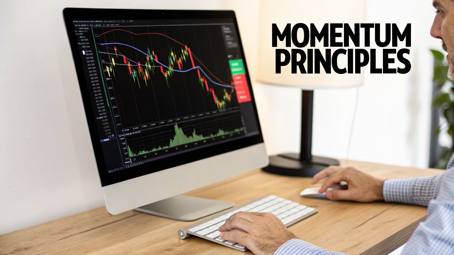 A man analyzing stock market charts on a computer screen, likely practicing momentum trading principles.