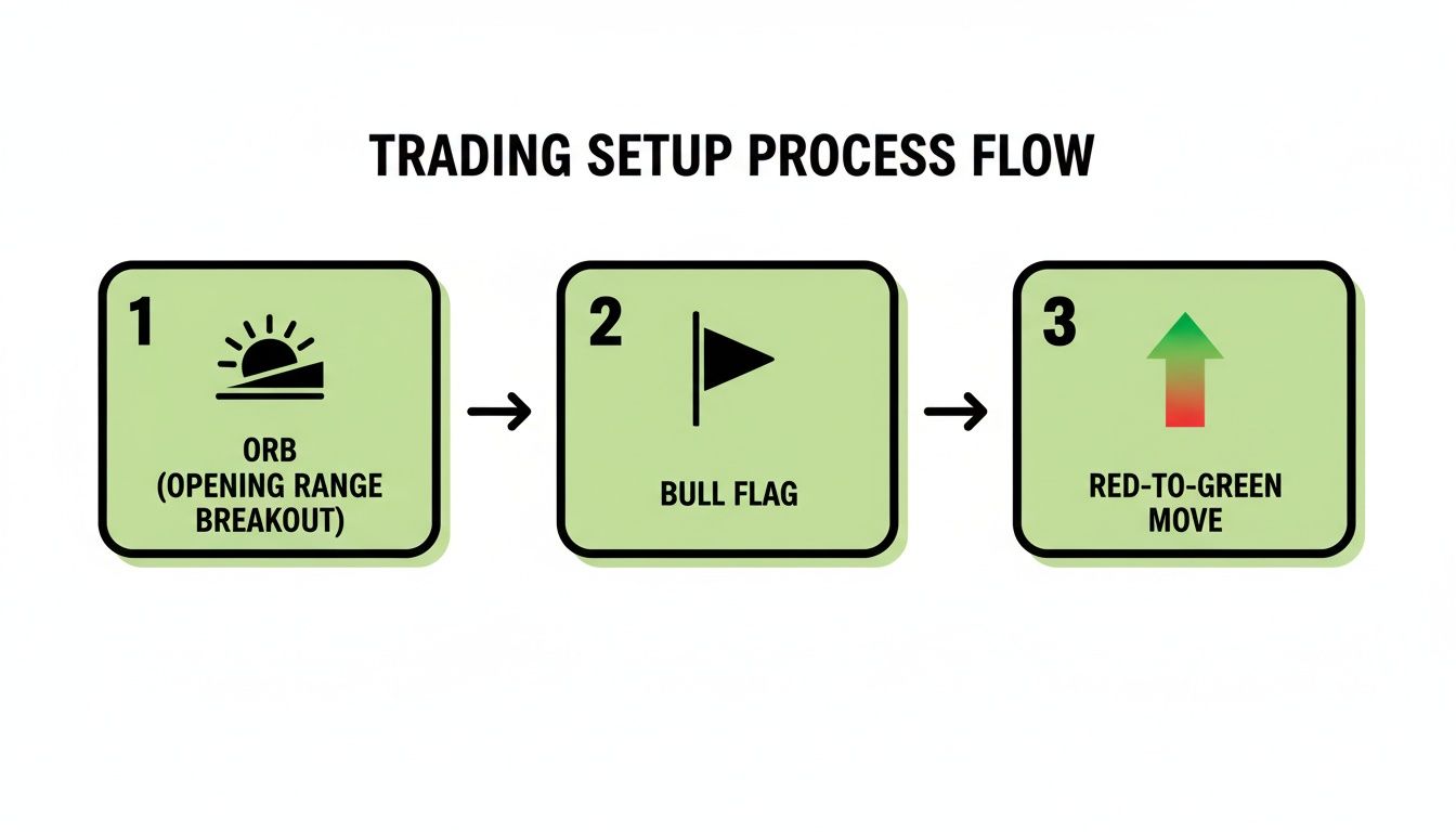 A three-step trading setup process flow: Opening Range Breakout, Bull Flag, and Red-to-Green Move.