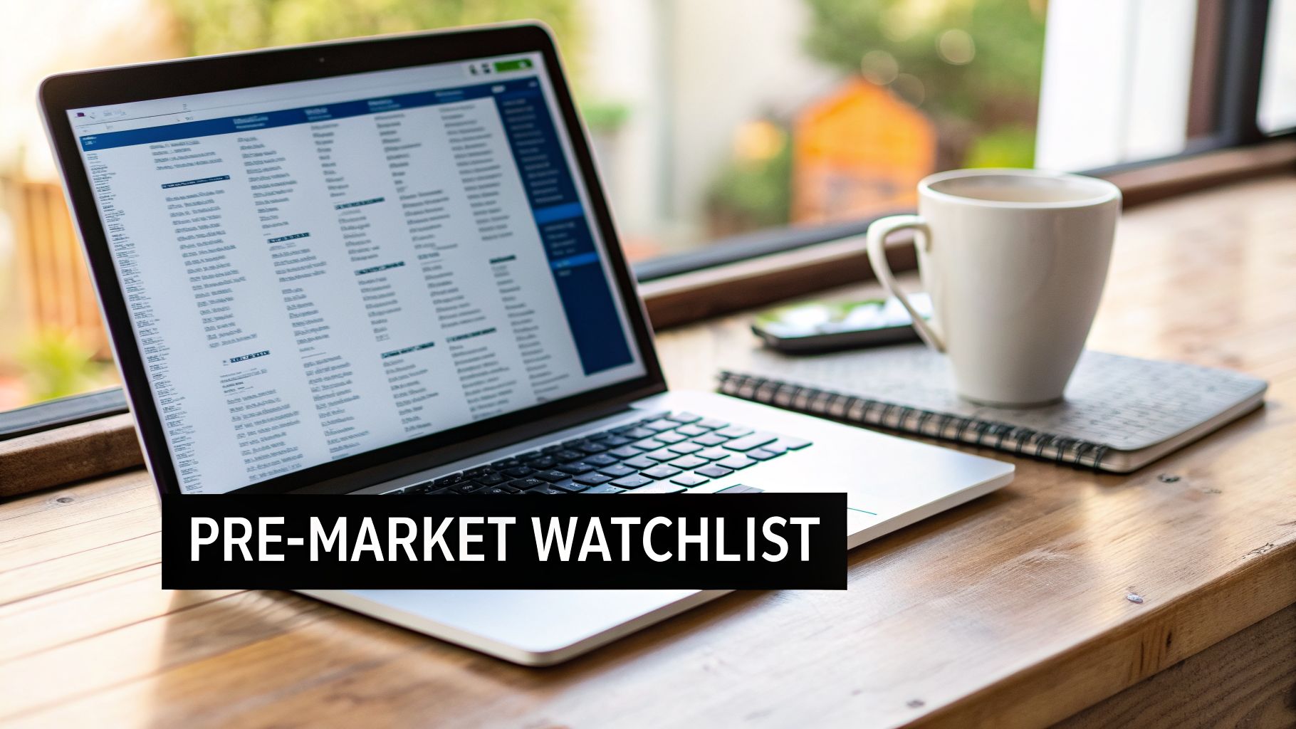 A laptop displaying a 'PRE-MARKET WATCHLIST' on a wooden table, alongside a coffee mug, phone, and notebook.