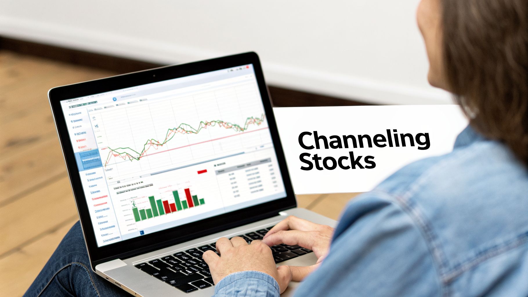 A person uses a laptop to view stock market charts and financial data, analyzing investments.