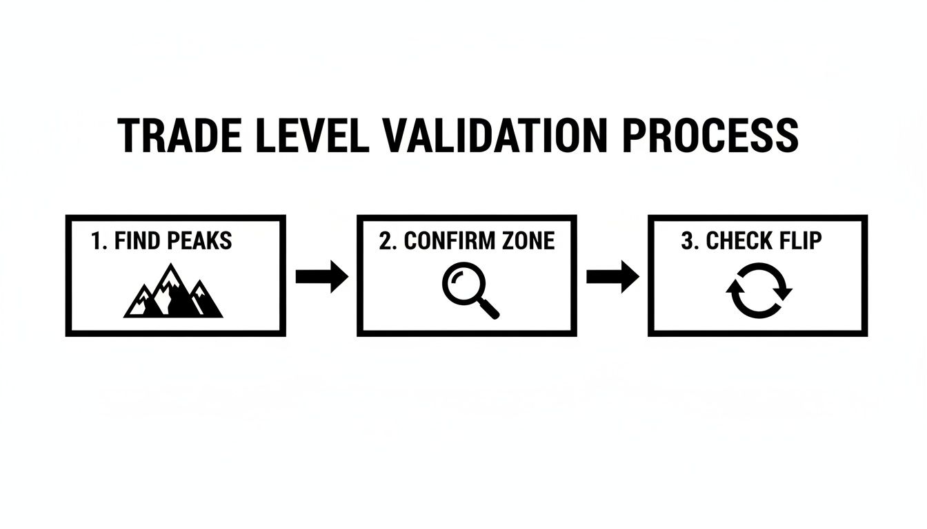 A flowchart outlining the 'Trade Level Validation Process' with steps: Find Peaks, Confirm Zone, and Check Flip.