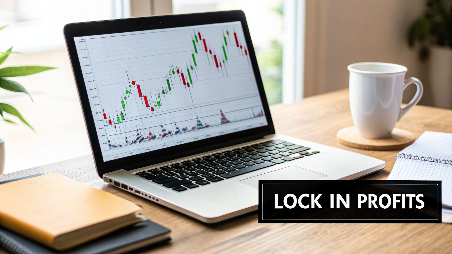 Laptop showing a stock chart with candlesticks, next to a coffee mug and notebooks. Text: LOCK IN PROFITS.