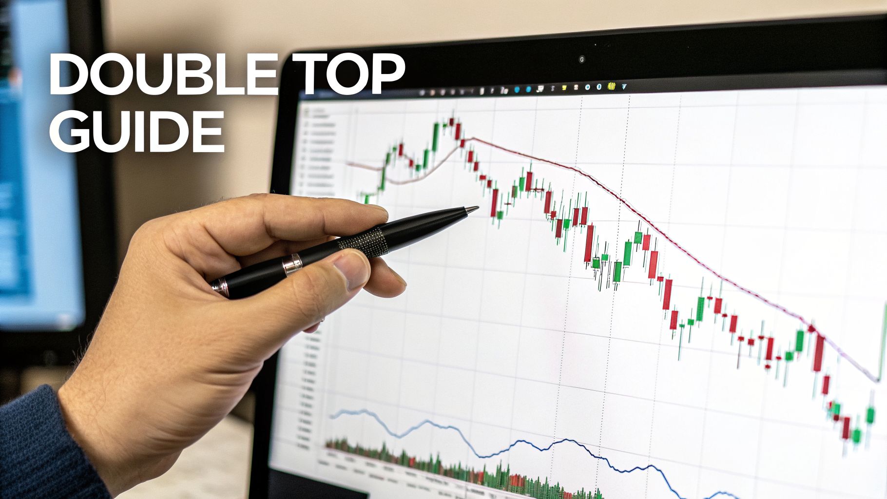 A hand points a pen at a computer screen displaying a financial trading chart with a 'Double Top Guide' title.