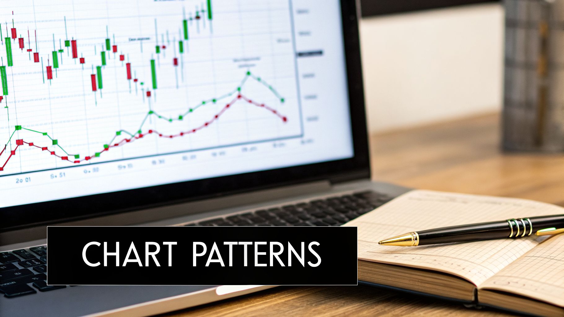 A laptop displaying stock chart patterns on a screen, with a notebook and pen on a wooden desk.