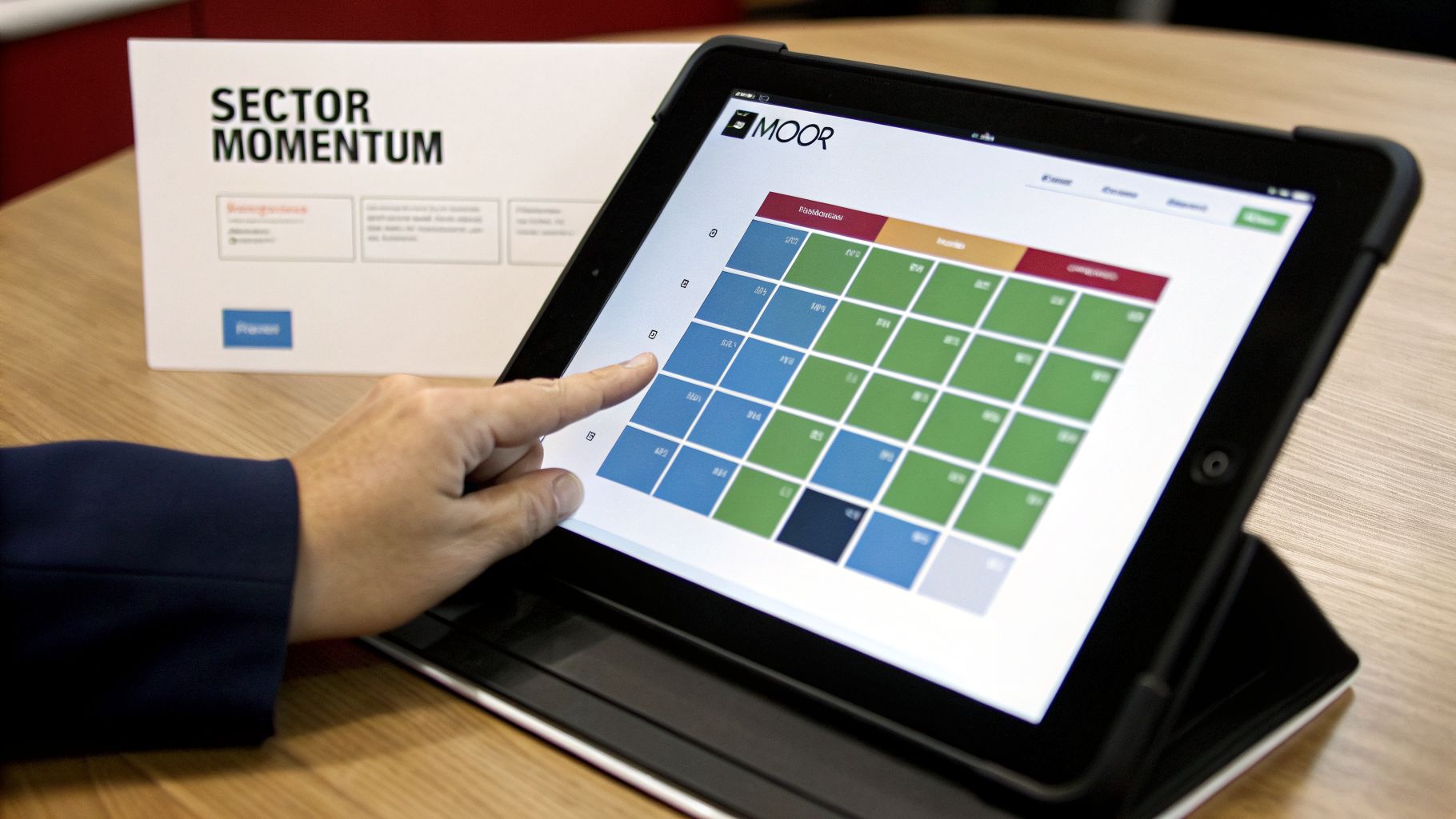 A person's hand interacts with a tablet displaying a grid of financial data and colored cells.
