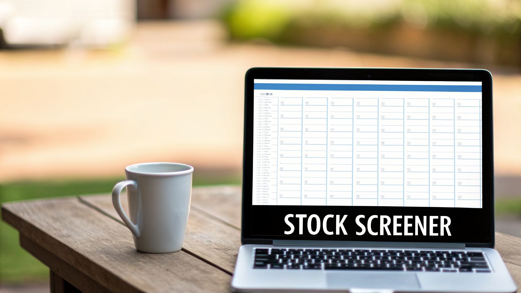 A laptop displaying a stock screener interface and a coffee mug on a wooden table outdoors.