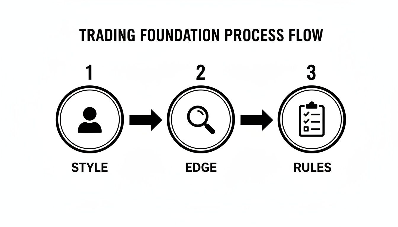 A three-step trading foundation process flow diagram showing Style, Edge, and Rules with icons and arrows.