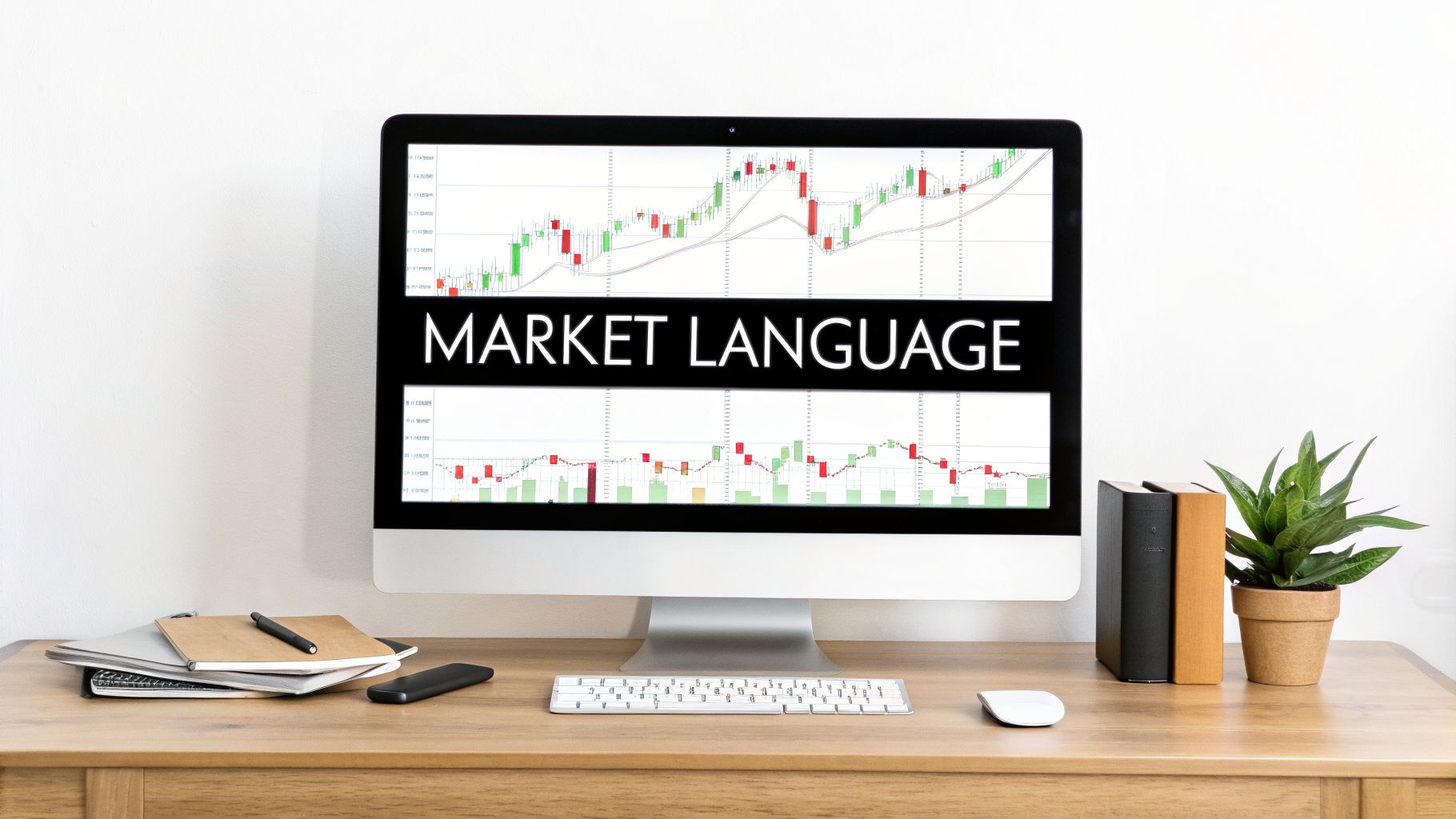 A computer monitor displays stock charts and 'MARKET LANGUAGE' on a neat wooden desk with a keyboard and plant.