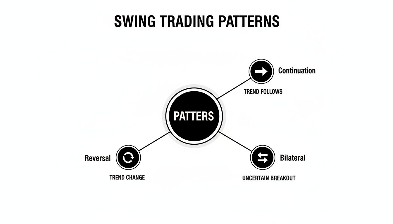A diagram illustrates swing trading patterns, categorizing them into continuation, reversal, and bilateral types.