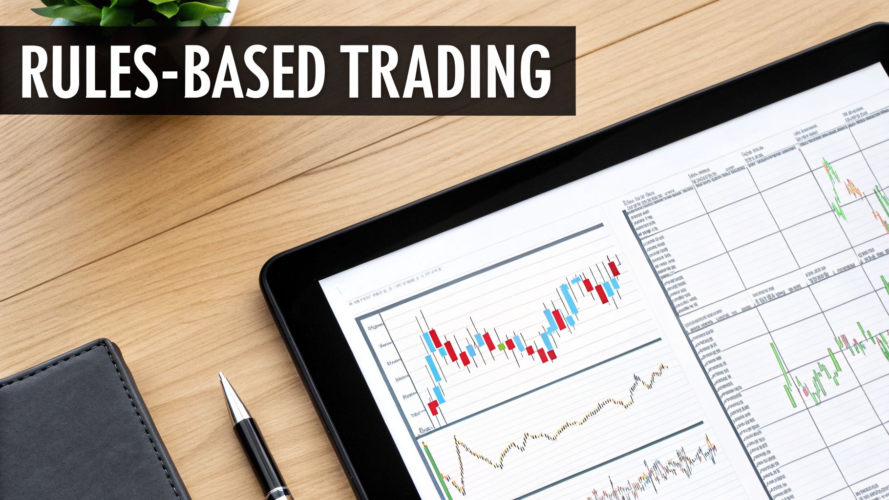 A tablet displays rules-based trading charts with candlesticks, on a wooden desk with a notebook and pen.