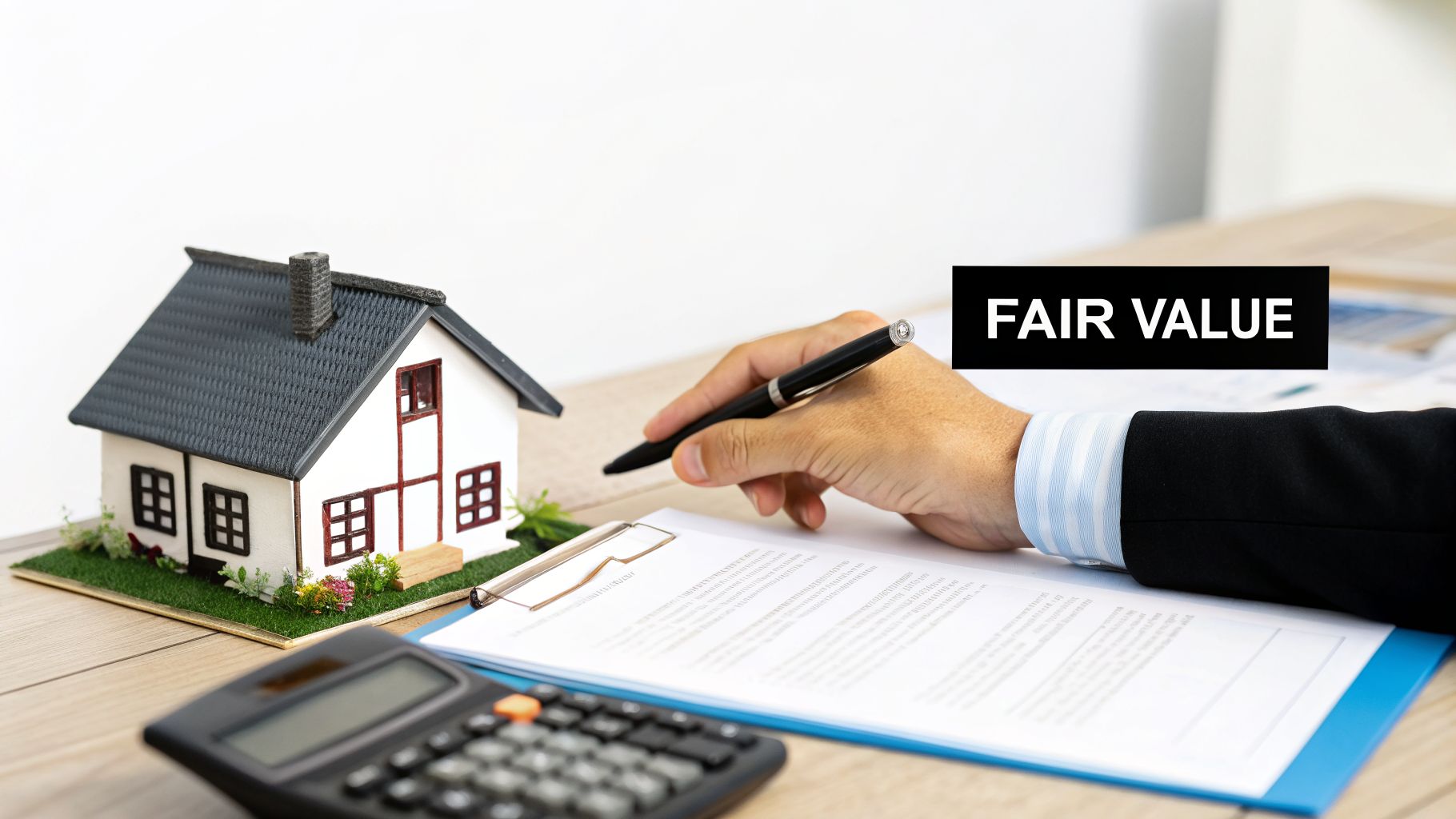 Hand writing on documents next to a model house and calculator, with 'FAIR VALUE' text.