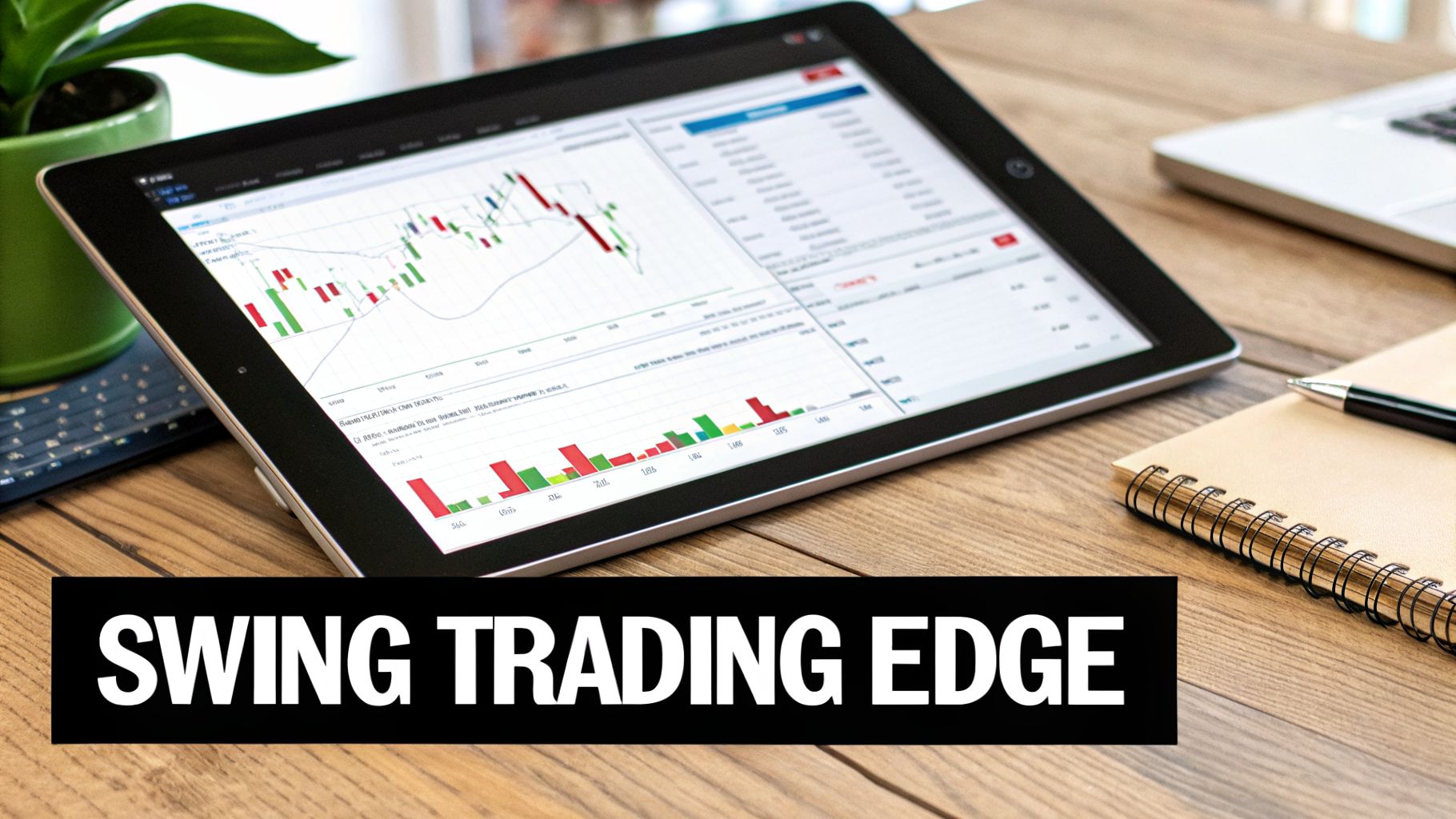 A tablet displaying financial charts for swing trading on a wooden desk with a notebook and pen, with 'SWING TRADING EDGE' text.