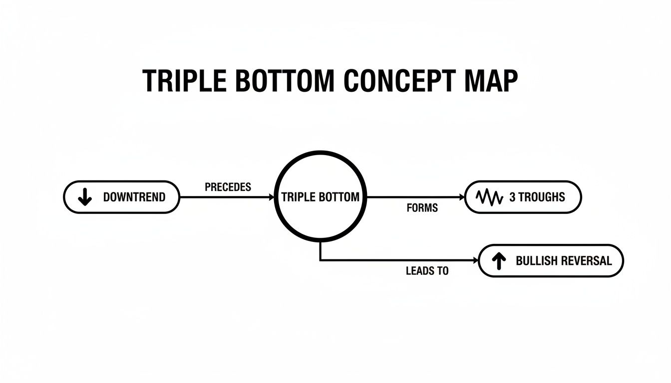 Concept map illustrating the Triple Bottom chart pattern, showing its preceding downtrend, formation of three troughs, and subsequent bullish reversal.
