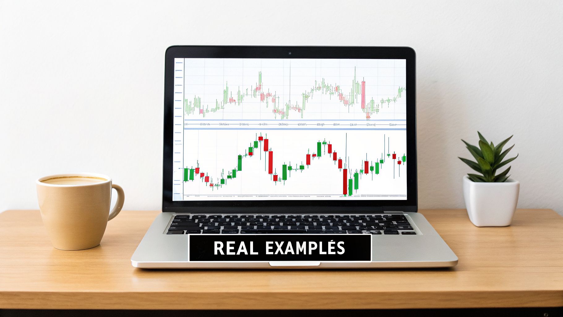 A laptop displays stock trading charts with candlestick patterns on a wooden desk, coffee, and a plant.