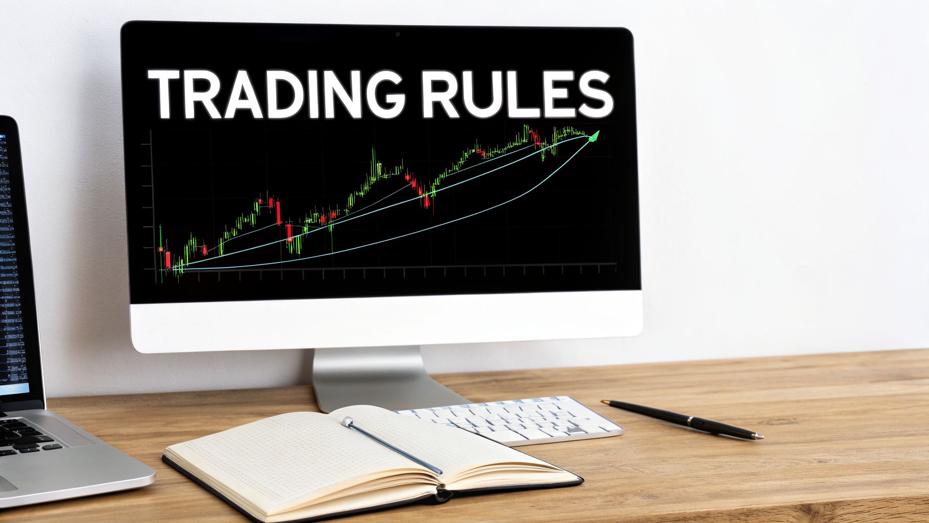 A computer monitor displays 'TRADING RULES' and a stock chart on a wooden desk with a laptop and notebook.