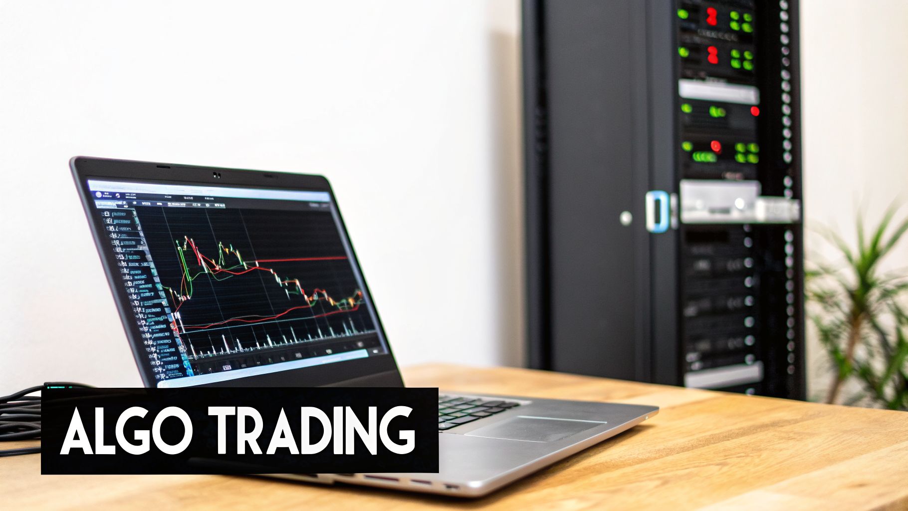 Laptop screen showing algo trading charts next to a server rack, highlighting automated finance.