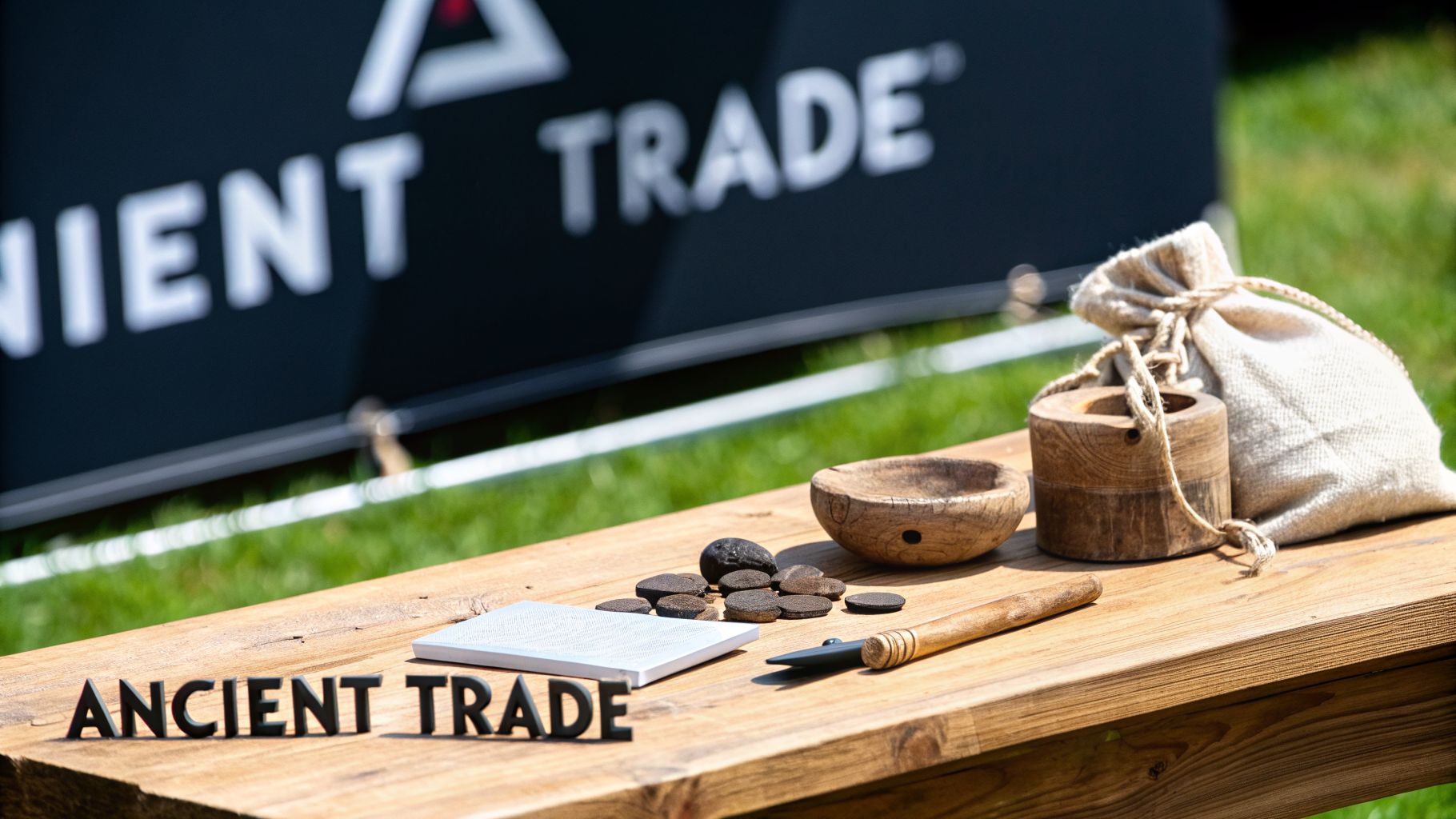 Ancient trade artifacts, including a wooden bowl, sack, and weights, displayed on an outdoor table.