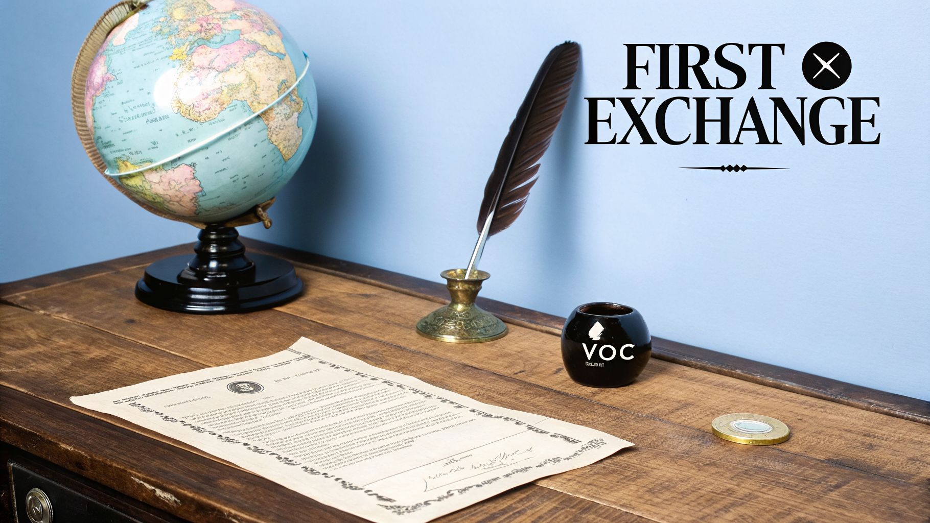 A vintage desk featuring a globe, quill pen, document, VOC pot, and coin, beneath a 'FIRST EXCHANGE' sign.